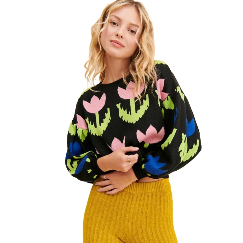 Pastiche Floral Print Multicolored Geometric Pullover Knit Sweater Size: Xs